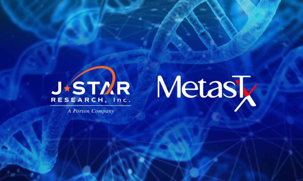 Logos of J-Star Research, Inc. and MetasTx LLC are elegantly overlaid on a dynamic background of DNA strands, reflecting the synergy in Phase One Development.