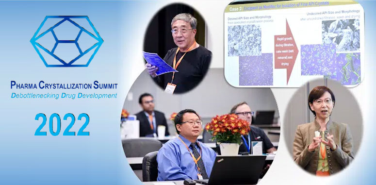 Collage showcasing the Pharma Crystallization Summit 2022, featuring speakers, participants, and the technical program's presentation slides alongside the event logo.