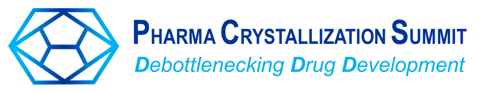 Logo for Pharma Crystallization Summit with the text "Debottlenecking Drug Development" and a hexagonal design.
