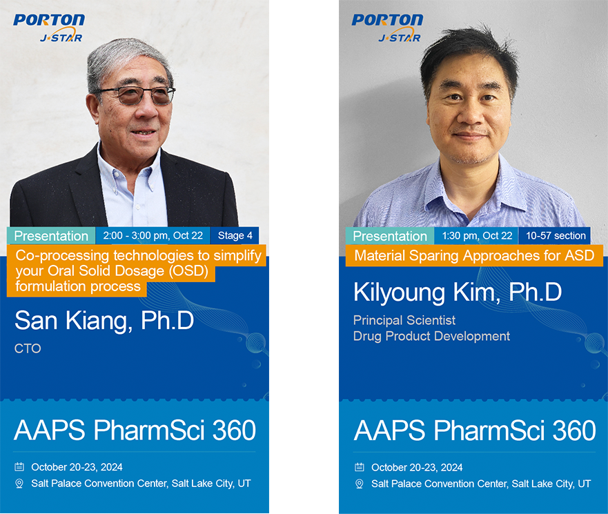 Discover two posters at AAPS PharmSci 360 2024 featuring talks by San Kiang, Ph.D., CTO of Porton J-STAR, and Kilyoung Kim, Ph.D., Principal Scientist. Don't miss their presentation topics and schedules—visit Booth 2431 for more details!.